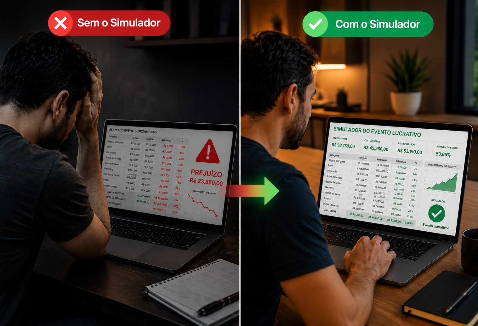 Comparativo: sem o simulador (prejuízo) vs com o simulador (evento lucrativo)